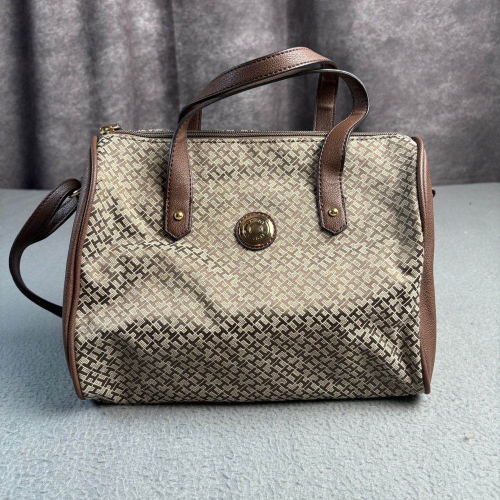Tommy Hilfiger Monogram Jacquard Satchel Crossbody Bag Brown Tan Gold Tone
